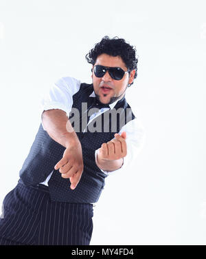 stylish DJ in sunglasses takes break dance Stock Photo