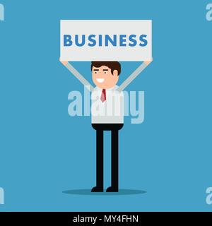Businessman with a poster and an inscription business, vector illustration on a blue background Stock Vector