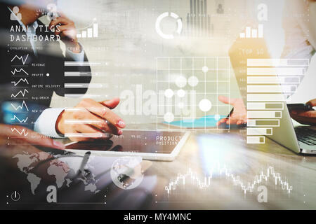 Intelligence (BI) and business analytics (BA) with key performance indicators (KPI) dashboard concept.Businessman making presentation with his colleag Stock Photo