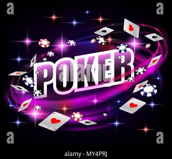 Casino Gambling Poker background design. Poker banner with chips and playing cards. Online shiny Casino Banner dark background. Vector illustration. Stock Vector
