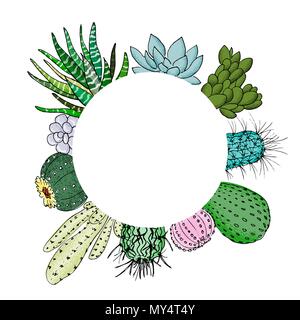 Succulent cactus set in circle artboard. Place for text. agave, aloe, gastraea, echeveria, Pachyphytum, prickly pear Stock Vector