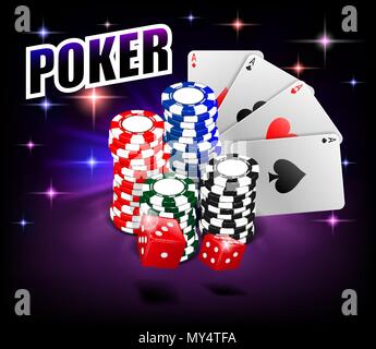 Casino Gambling Poker background design. Poker banner with chips, playing cards and dice. Online Casino Banner on shiny background. Vector illustration. Stock Vector