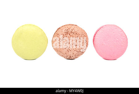 Three multicolored macaroon isolated on white background Stock Photo