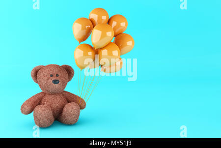 3d illustration. Funny teddy bear with balloons on blue background. Stock Photo