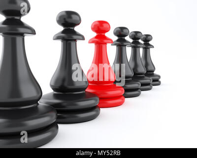 3D illustration. Leadership concept, red pawn of chess standing among black pawns. Business concept. Isolated white background. Stock Photo