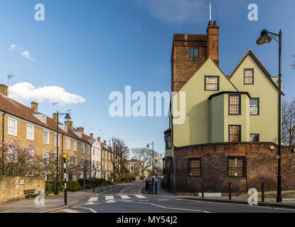 London, England, UK - February 12, 2018: The historic Canonbury Tower stands amongst houses in the residential neighbourhood of Islington in North Lon Stock Photo