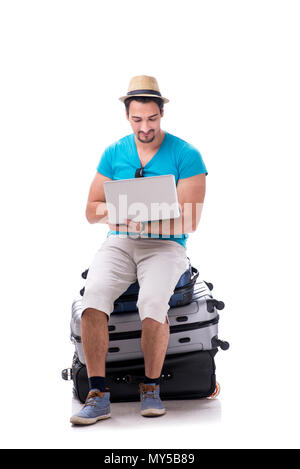 Freelancer working on the go isolated on white Stock Photo