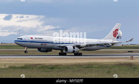 Richmond, British Columbia, Canada. 3rd June, 2018. An Air China Airbus A330-300 (B-5977) wide-body jet airliner lands at Vancouver International Airport. This aircraft is the 50th A330 delivered to Air China. Credit: Bayne Stanley/ZUMA Wire/Alamy Live News Stock Photo