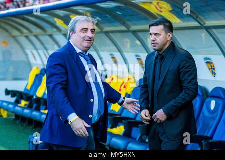 June 5, 2018: From left to right: Mihai Stoichita (official of the Romanian Football Federatio) and Cosmin Contra - head coach (Romania)  during the International Friendly Match - Romania vs. Finland at Ilie Oana Stadium in Ploiesti, Romania ROU. Copyright: Cronos/Catalin Soare Stock Photo