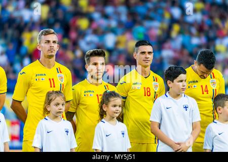 June 5, 2018: Nicusor Bancu #11 (Romania) Alexandru Baluta #13 (Romania) Adrian Stoian #18 (Romania) Constantin Budescu #14 (Romania)  during the International Friendly Match - Romania vs. Finland at Ilie Oana Stadium in Ploiesti, Romania ROU. Copyright: Cronos/Catalin Soare Stock Photo
