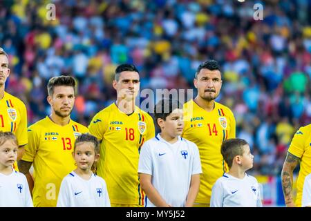 June 5, 2018: Alexandru Baluta #13 (Romania) Adrian Stoian #18 (Romania) Constantin Budescu #14 (Romania)  during the International Friendly Match - Romania vs. Finland at Ilie Oana Stadium in Ploiesti, Romania ROU. Copyright: Cronos/Catalin Soare Stock Photo