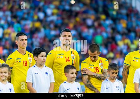 June 5, 2018: Adrian Stoian #18 (Romania) Constantin Budescu #14 (Romania) Alexandru Mitrita #28 (Romania)  during the International Friendly Match - Romania vs. Finland at Ilie Oana Stadium in Ploiesti, Romania ROU. Copyright: Cronos/Catalin Soare Stock Photo