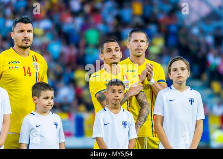 June 5, 2018: Constantin Budescu #14 (Romania) Alexandru Mitrita #28 (Romania) Ciprian Deac #17 (Romania)  during the International Friendly Match - Romania vs. Finland at Ilie Oana Stadium in Ploiesti, Romania ROU. Copyright: Cronos/Catalin Soare Stock Photo