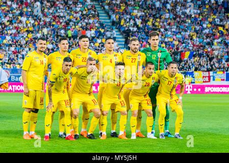 June 5, 2018: Romanian team lineup: Constantin Budescu #14 (Romania) Paul Anton #15 (Romania) Cristian Sapunaru #22 (Romania) Cristian Manea #4 (Romania) Mihai Balasa #27 (Romania) Ciprian Tatarusanu #12 (Romania) Adrian Stoian #18 (Romania) Nicusor Bancu #11 (Romania) Alexandru Baluta #13 (Romania) Alexandru Mitrita #28 (Romania) Ciprian Deac #17 (Romania)  during the International Friendly Match - Romania vs. Finland at Ilie Oana Stadium in Ploiesti, Romania ROU. Copyright: Cronos/Catalin Soare Stock Photo