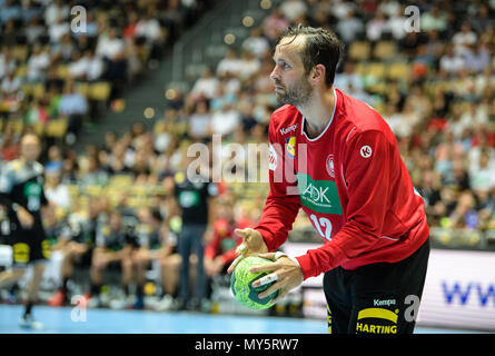 06 June 2018, Germany, Munich: Handball, men, international match, Germany vs Norway in the Olympic Hall. Germany's goalkeeper Silvio Heinevetter throwing the ball. Photo: Matthias Balk/dpa Stock Photo