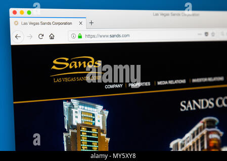 LONDON, UK - MAY 29TH 2018: The homepage of the official website for the Las Vegas Sands Corporation  - the American casino and resort company based i Stock Photo