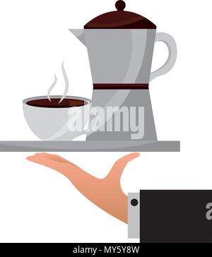 hand holding coffee maker and cup on tray vector illustration Stock Vector