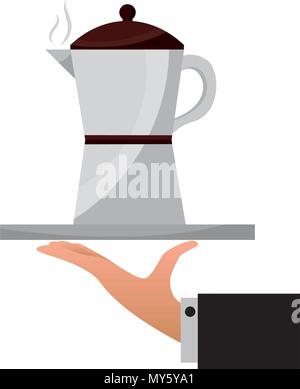 hand holding coffee maker on tray vector illustration Stock Vector