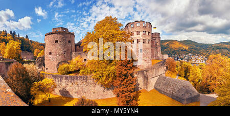 Ruins of Heidelberg Castle (Heidelberger Schloss) in Autumn. This panoramic image was made in Heidelberg, Germany. Stock Photo