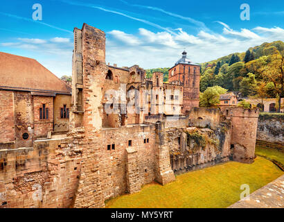 Ruins of Heidelberg Castle (Heidelberger Schloss) in Autumn. This panoramic image was made in Heidelberg, Germany. Stock Photo