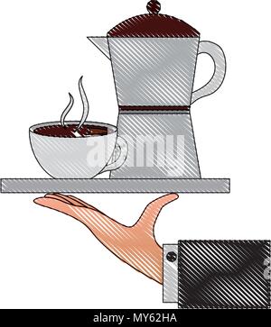 hand holding coffee maker and cup on tray vector illustration drawing Stock Vector