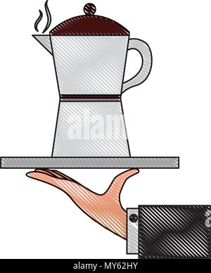 hand holding coffee maker on tray vector illustration drawing Stock Vector