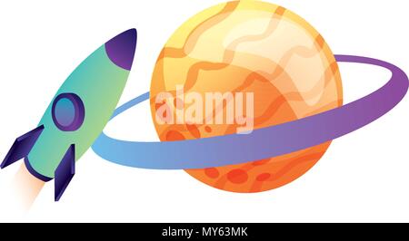 rocket flying with saturn planet isometric vector illustration design Stock Vector