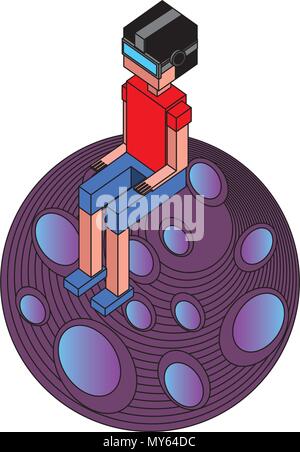 boy using vr goggles sitting on 3d planet Stock Vector