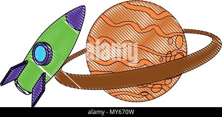 rocket flying with saturn planet isometric Stock Vector