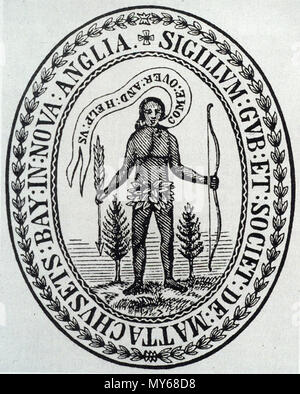 . English: Massachusetts Seal: In 1629, King Charles I granted a charter to the Massachusetts Bay Colony, which included the authority to make and use a seal. It featured an Indian holding an arrow pointed down in a gesture of peace, and the unlikely words 'Come over and help us,' emphasizing the missionary and commercial intentions of the original colonists. 28 November 2012, 06:28:08. Unknown 353 Massachusetts Bay Colony Seal, 1629 Stock Photo