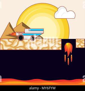 Video game interface with volcanic lava and car icon, colorful design. vector illustration Stock Vector
