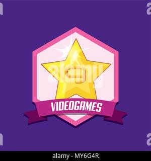 Videogame emblem with star icon over purple background, colorful design. vector illustration Stock Vector