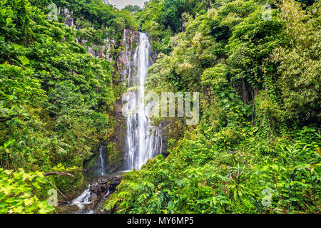 Long Exposure of Wailua Falls on the Road to Hana in Maui Stock Photo