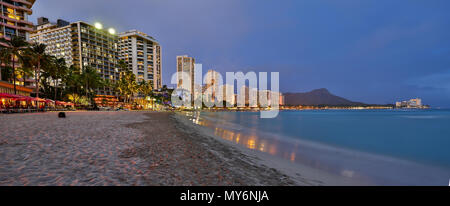 Waikiki Beach, Honolulu, Oahu at Dusk Stock Photo