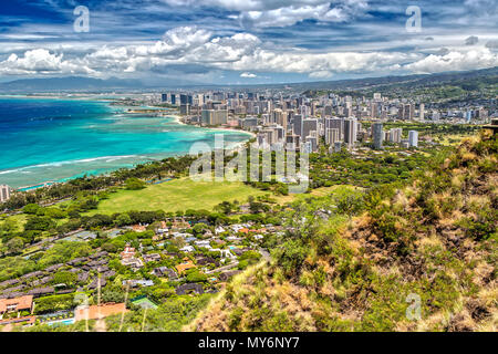 Panorama View over Honolulu from Diamond Head on Oahu, Hawaii Stock Photo