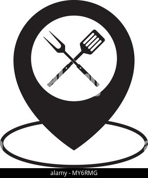 Food Location Icon Logo Design Element. BBQ or grill tools icon. Crossed barbecue fork with spatula and map pointer. Black simple silhouette. Vector f Stock Vector