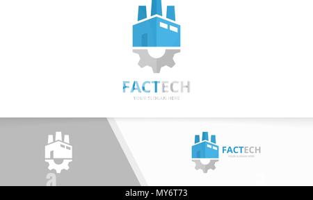 Vector factory and gear logo combination. Industry and mechanic symbol or icon. Unique manufacturing and industrial logotype design template. Stock Vector