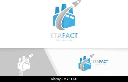 Vector factory and rocket logo combination. Industry and airplane symbol or icon. Unique manufacturing and flight logotype design template. Stock Vector