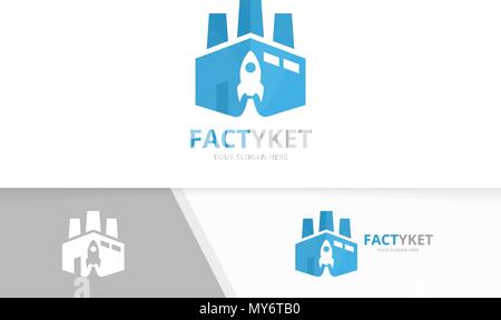 Vector factory and rocket logo combination. Industry and airplane symbol or icon. Unique manufacturing and flight logotype design template. Stock Vector