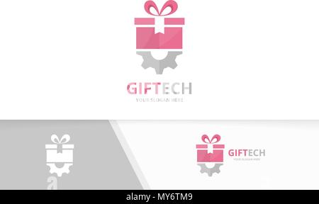 Vector gift and gear logo combination. Present and mechanic symbol or icon. Unique surprise and industrial logotype design template. Stock Vector