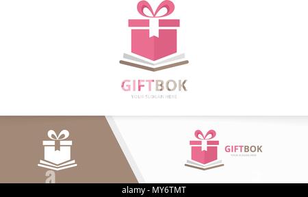 Vector book and gift logo combination. Present and market symbol or icon. Unique bookstore, library and surprise logotype design template. Stock Vector