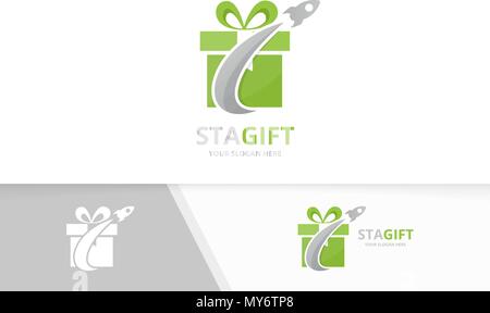 Vector gift and rocket logo combination. Present and airplane symbol or icon. Unique surprise and flight logotype design template. Stock Vector