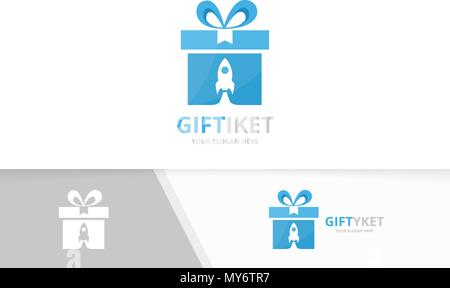 Vector gift and rocket logo combination. Present and airplane symbol or icon. Unique surprise and flight logotype design template. Stock Vector