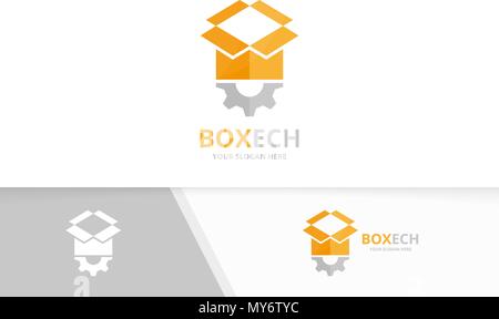 Vector box and gear logo combination. Package and mechanic symbol or icon. Unique delivery and industrial logotype design template. Stock Vector