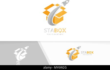 Vector box and rocket logo combination. Package and airplane symbol or icon. Unique delivery and flight logotype design template. Stock Vector