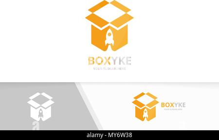 Vector box and rocket logo combination. Package and airplane symbol or icon. Unique delivery and flight logotype design template. Stock Vector