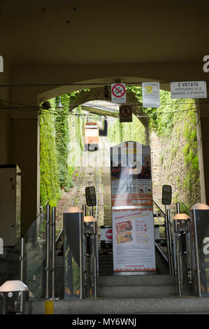 ITALY - LOMBARDY - BERGAMO - HIGH CITY - Funicular linking Lower Town with Bergamo High Town. Low Town Departure Station. Built in 1887. line length:  Stock Photo