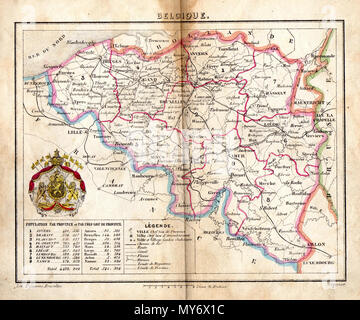 . English: Map of Belgium, c. 1850-60 (certainly pre-1870). Borders with the Netherlands, France and Prussia marked and population given in table at bottom. 15 December 2013, 13:35:06. Unknown. Signed P. Coppens. 69 Belgium c.1850-60 Stock Photo