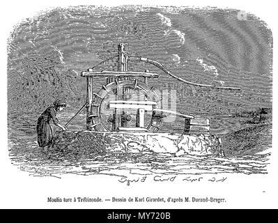 . English: Engraving of Turkish mills at Trebizond (Trabzon, Turkey). 10 August 2014, 17:20:04. Karl Girardet after M. Durand-Brager 538 Turkish Mills at Trebizond Stock Photo