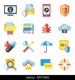 Digital vector data securuty and privacy protection icon set pack illustration, simple line flat style infographics Stock Vector
